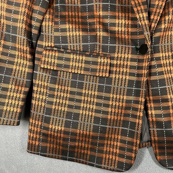 Bar III Womens Small Brown Plaid Notch-Collar Blazer Jacket V-Neck One Button LS - Picture 6 of 12